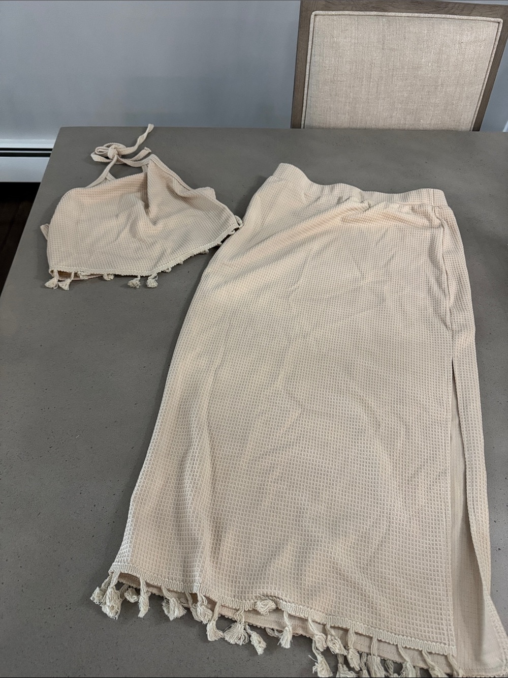 Two-Piece Beige Waffle Knit Halter Top + Skirt Set